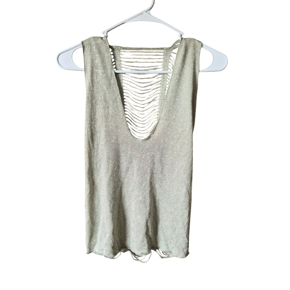 Alexe Pertile Metallic Gold Shredded Ladder Knit Tank Top Sleeveless Gold Medium